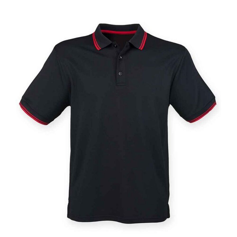 Henbury Mens CoolPlus Tipped Polo Shirt / Black/Red